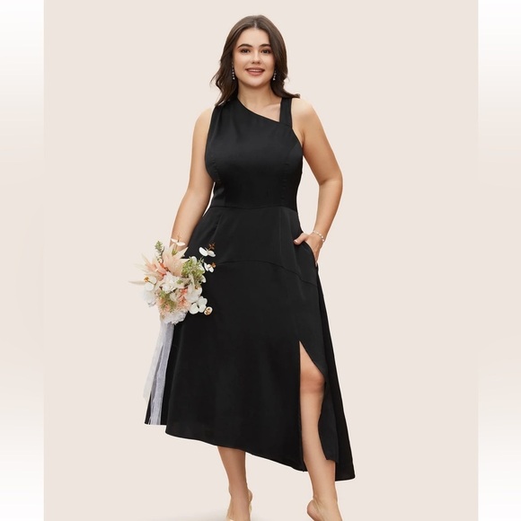 BloomChic Plus Size Solid Asymmetrical Neck Split Hem Dress - Picture 1 of 7